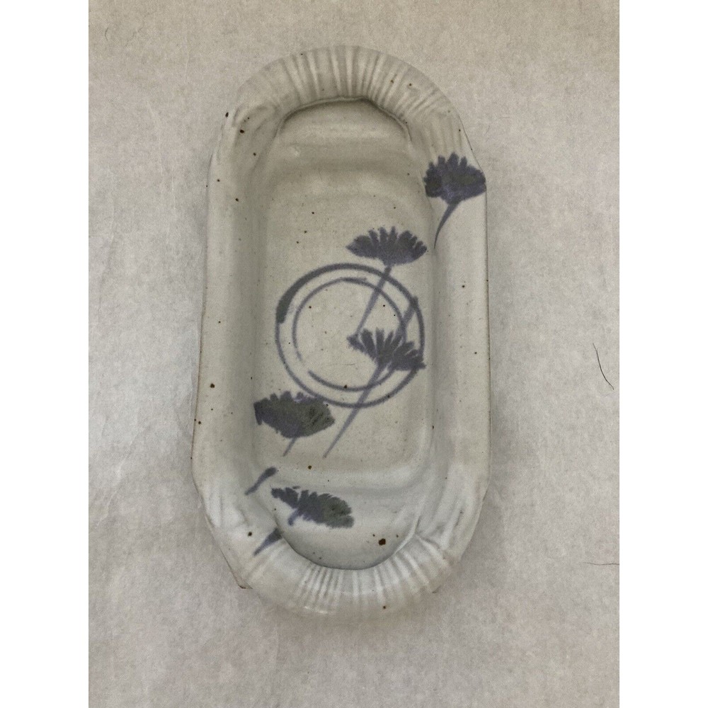 Hand Thrown Art Pottery Shallow Butter Snack Platter Dish Signed Purple Flowers
